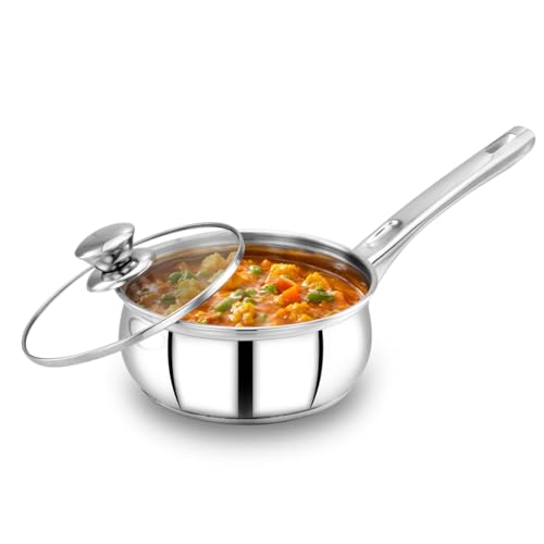Image of Avias INOX IB Stainless Steel Saucepan with Glass Lid, Triply Induction Bottom, Induction & Gas Stove Compatible, Tea Pan, Milk Pan, Rust Proof Sauce Pan 14cm