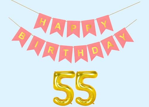 Image of 55th Happy Birthday Decoration Kit Light Pink for 55 year Old Men with Number Fifty-five Party Decorations Decor Celebration Items Item Set Combo Reusable Paper Banner