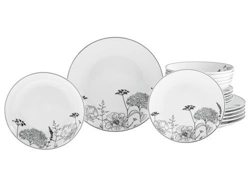 CreaTable, 22673, Serie Luna Black Flower, 18-teiliges Geschirrset für 6 Personen, Teller Set aus Porzellan, spülmaschinen- und mikrowellengeeignet, Qualitätsproduktion