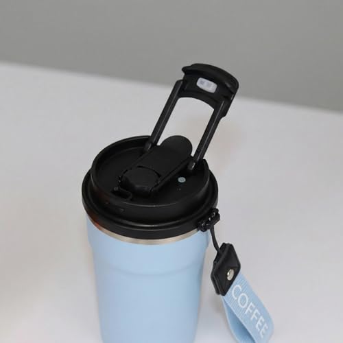 Image of Travel Coffee Tumbler with Lanyard - Insulated Stainless Steel Mug, Leak-Proof, Keeps Hot 6H & Cold 8H - Blue, 400 ML