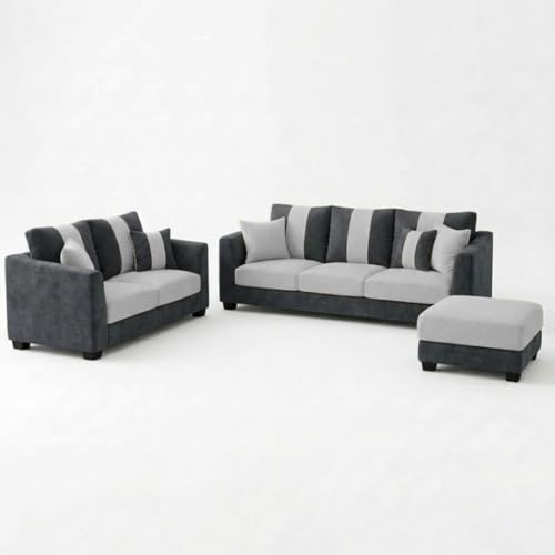 Image of Revo Plush Comfort Sofa Set | 3 Seater + 2 Seater with Ottoman | Luxury Velvet Suede Fabric | Modern Living Room Sofa | Dark Gray - Light Gray