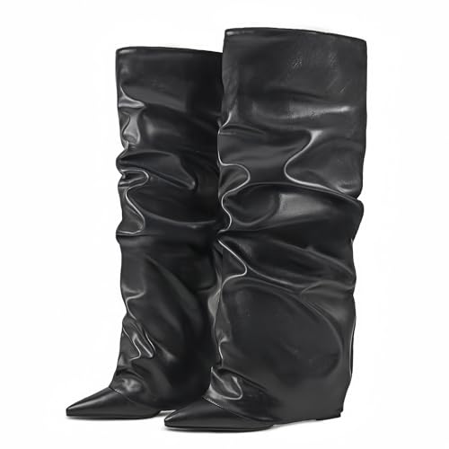 Vervesole Fancy Fold Over Slouch Boots Block Heels Dressy Shark