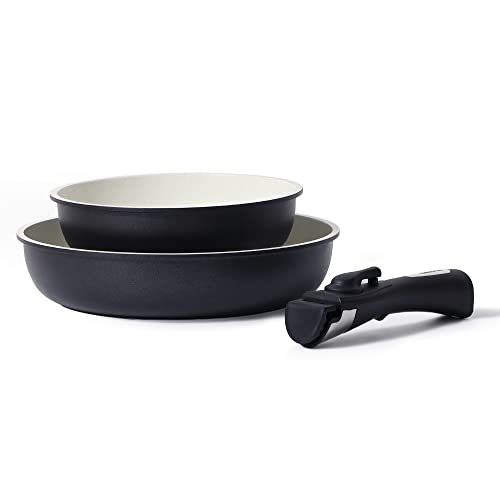CAROTE Non Stick Frying Pan Set, Granite Pots and Pans Set with Removable Handle, 20cm and 26cm Cookware Sets, Induction, Black