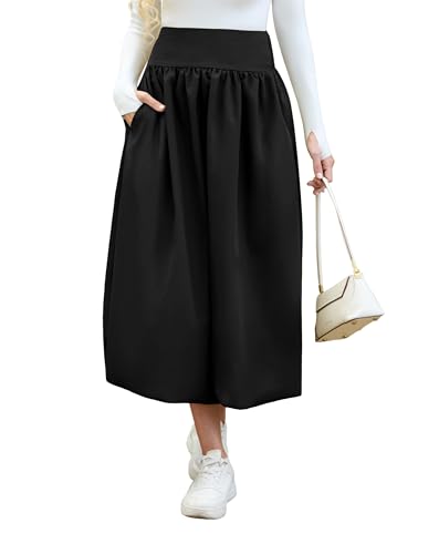 Women's Bubble Long Skirt Elastic Waist A-Line Pleated Ruffle Flowy Balloon Maxi Skirts with Pockets