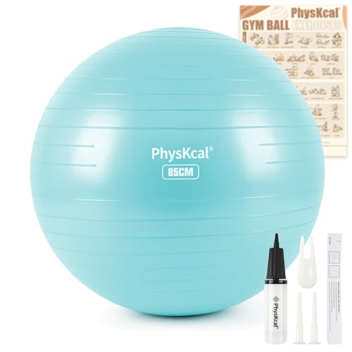 PhysKcal Pelota suiza de ejercicio azul de 85 cm para fitness, yoga, pilates, embarazo, silla de pelota antiestallido para equilibrio, estabilidad, bomba rápida incluida