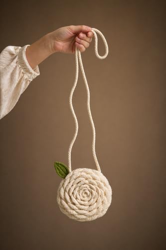Image of Handmade Crochet Rose Sling Bag for Kids | Floral Round Crossbody Purse | Soft Yarn Mini Bag | Perfact Gift for Girls | 6 Inch