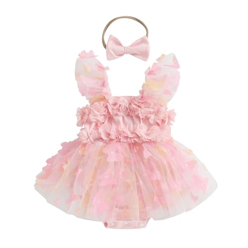 Baby Girl Clothes Sleeveless Lace 3D Butterfly Romper Dress Newborn First Birthday Cake Smash Outfit (Pink, 0-3 Months)
