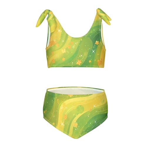 Green Glitter Texture Girls' Two Piece Kids Bikini Set Scoop Neck Bathing Suit Swimwear Adjustable Shoulder Strap