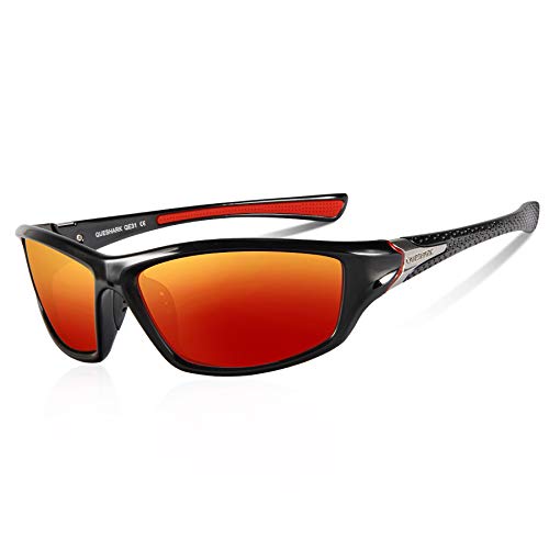 Queshark Lunettes de Soleil Homme Sport Polarisées 100% anti UV400 Cadre Incassable (Noir Rouge)