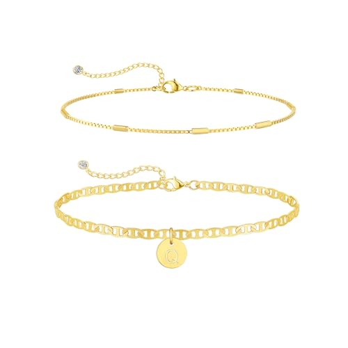 Image of Initial Ankle Bracelets for Women 14K Gold Plated Dainty Layered Round Letter Anklets Beach Jewelry Gift