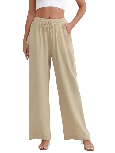 Women’s Linen Summer Palazzo Pants Flowy Wide Leg Beach Casual Pants Loose Trousers with Pockets