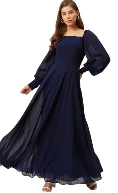 Attractive Flared Navy Blue Solid Georgette Anarkali Gown for Women (GW-05-Boat Neck Full Sleeve Navy Blue-M)-picture-44