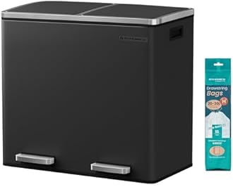 SONGMICS Dual Rubbish Bin, Metal Recycling Bin with 15 Rubbish Bags, 2-Compartment, with Lids, Pedals, Plastic Inner Buckets, Soft Closure, 2 x 6.3 Gallons (2 x 24 L), Black LTB48BK