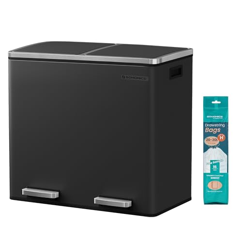 SONGMICS Dual Rubbish Bin, Metal Recycling Bin with 15 Rubbish Bags, 2-Compartment, with Lids, Pedals, Plastic Inner Buckets, Soft Closure, 2 x 6.3 Gallons (2 x 24 L), Black LTB48BK