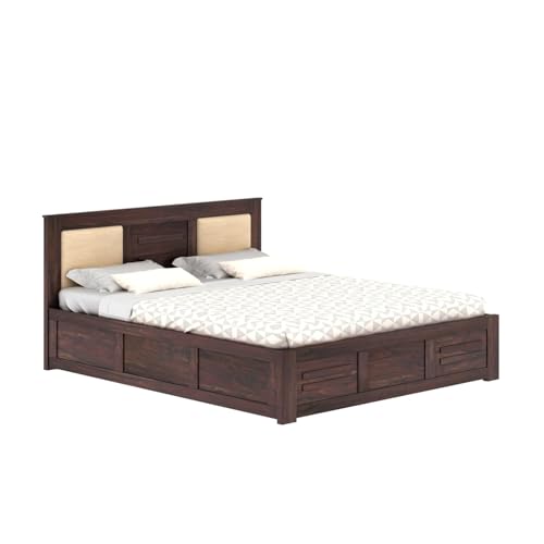 Image of Ganpati Arts Solid Sheesham Wood Swiss Queen Size Bed with Hydraulic Storage and Headboard | Wooden Double Bed Cot Palang Furniture for Bedroom, Living Room, Hotels, and Home (Walnut Finish)