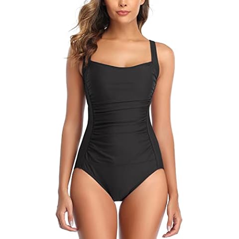 Swimming Costume Women Tummy Control One Piece Swimsuits Retro Ruched Monokini Swimwear Bathing Suit Bikini Plus Size YA#Black,L Cover