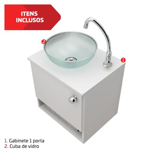 Kit Gabinete Armário 45cm Suspenso Mdf Apolo Para Banheiro Com Cuba De Vidro 29cm Cristal Beltempo