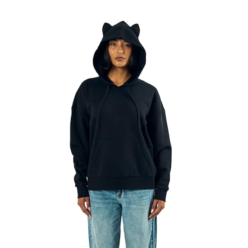 Bioworld Cat Inspired Cosplay Women's Black Oversized Hoodie with 3D Cat Ears-Medium
