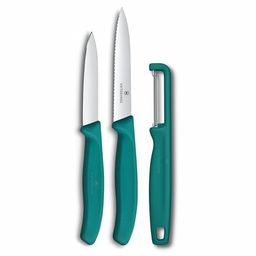 Victorinox Swiss Classic Set de couteaux à légumes avec éplucheur, couteau à éplucher et couteau à tomates, 3 pièces, Lame extra tranchante, Vert