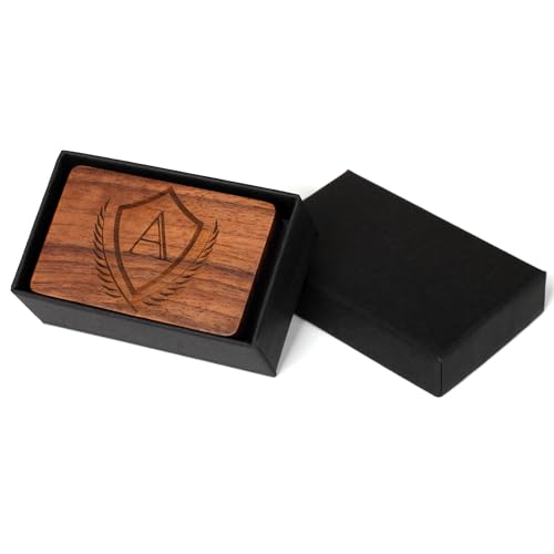 Image of Mens Initial Cufflinks and Tie Clip A-Z Alphabet Letter Black Stainless Cuff Links Tie Bar with Engraved Walnut Wood Box Groom Groomsman Wedding Set
