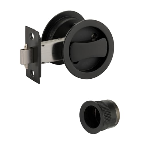 Image of HANDLEZONE® Round Sliding Privacy Door Lock Kit – Black Matt Finish – Finger Pull with Hook Lock – for Bathroom or Toilet Sliding Doors