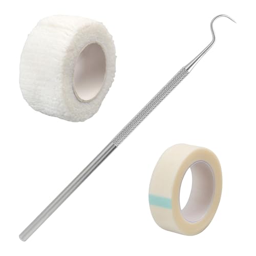1 x Wattehaken zum tamponieren vom Zehen-Nagel 1 x Isolier- und Befestigungsband 1 x Selbsthaftende Flexible Zehenbinde Set 1