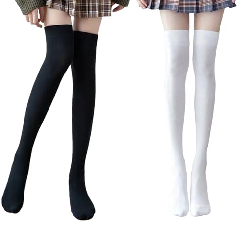 KEYRI 2 Pairs Knee Socks - Knee-High & Mid-Thigh Socks, One Size Long Stockings for Women & Girls (Cotton, Black + White)