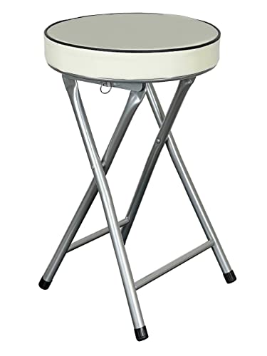 Image of HOMION Round Compact Thick Padded Folding Stool for Home Office Small Junior 49cm High Breakfast (Cream)
