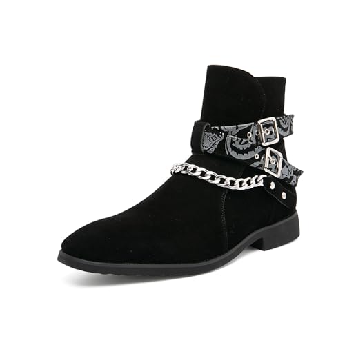 Men's Square Toe Chelsea Boots Dress Ankle Boots Casual Suede Buckle Boots Stylish Personality Chain Leather Shoes