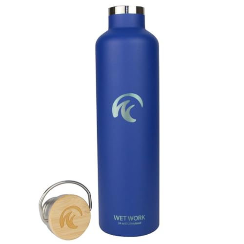 Wet Work Stainless Steel Water Bottle for Hot and Cold Drinks - Double Wall Insulated Thermos for Water, Soda, Coffee, Tea with Wide Mouth, Metal Handle, Bamboo Top - Great for Travel, Hiking, Camping by Wet Work - Used condition - US$16.06