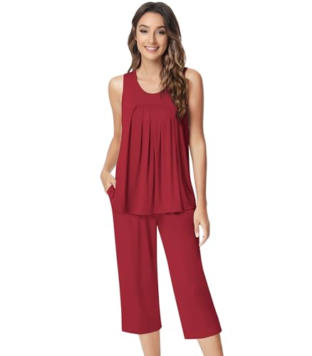 Image of NACHILA Pajamas for Women-Viscose Made from Bamboo, Sleeveless Pjs Tank Top Capri Pants Pajama Sets Cooling Sleepwear