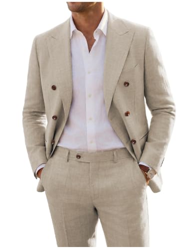 Men's Suits 2 Piece Linen Suit Set Slim Fit Casual Suits for Men Beige Suit for Beach Wedding Double Breasted Prom Tuxedo XL