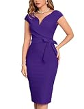 MUXXN Women's Midi Sexy Deep V Neck Cap Sleeve Pencil Bodycon Wedding Guest Vintage Cocktail Party Dress Purple L