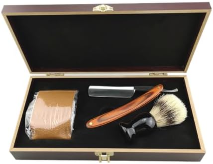 Straight Razor Shaving Set with Wooden Case, Includes Razor, Brush, Strop, 4-Piece Kit