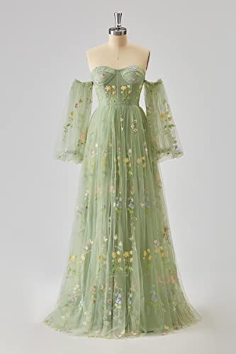 Maxianever Tulle Prom Dresses Flower Embroidery Long Sleeves Women's Formal Evening Party Gowns 2024