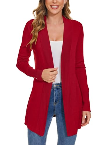 Image of Women Long Knit Cardigan Lightweight Open Front Sweaters | Capsule Wardrobe for Women, Relaxed fit, Buttoned Ribbed cuffs, Dressy Business Casual , for spring early fall office work
