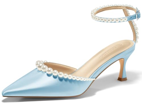 Image of Coutgo Womens Pearl Kitten Heels Closed Pointed Toe Wedding Bride Dress Shoes Ankle Strap Satin Pumps