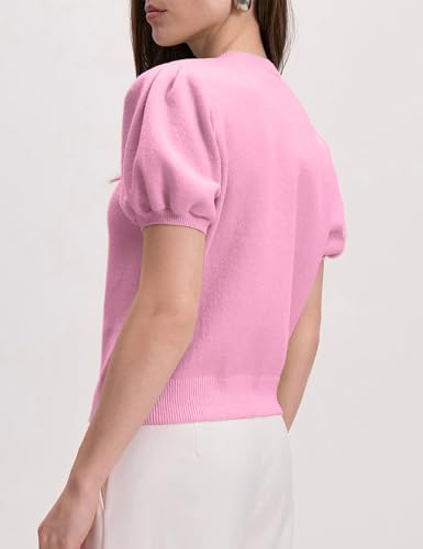 Image of Yimoon Women's Lightweight Puff Short Sleeve Cardigan Sweater | Summer, Y2K, Cropped Knit, Button Up, Blouse Tops
