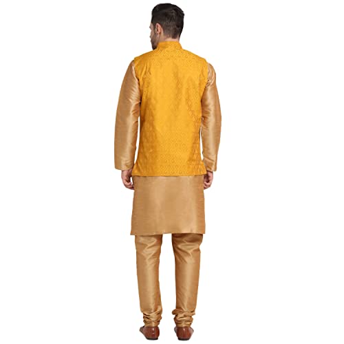 Image of KRAFT INDIA Mens Gold Silk Blend Kurta and Churidar Set With Jacquard Paisley Nehru Jacket
