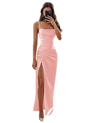 Boey Frek Satin Spaghetti Straps Mermaid Prom Dresses Blush Pink for Wedding 2026 Pleated Evening Party Dress with Slit Size 12