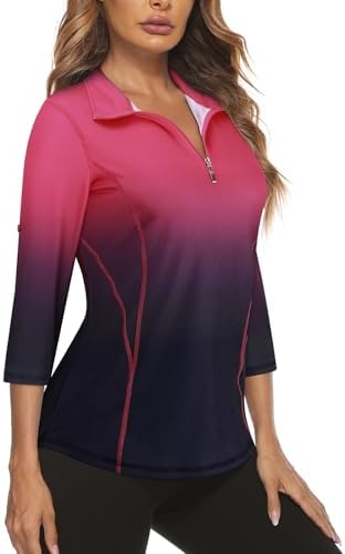 Misyula Style Womens Athletic Tops 3/4 Sleeve,Ladies Golf Shirts 1/4 Zip Moisture Wicking Quick Dry Tennis Yoga Workout Hiking Sport Outfits,Navy Purple Gradient,M