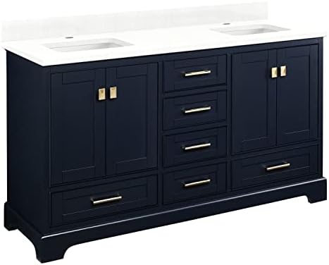 Signature Hardware 483477 Quen 60" Free Standing Double Basin Vanity Set with Cabinet, Vanity Top, and Undermount Sink - 1 Faucet Hole - Midnight Navy Blue/Feathered White Quartz