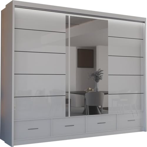MN Furniture Sycylia High Gloss & Mirror Sliding Doors Wardrobe with Long Led Light and Bottom Drawers White, 255cm