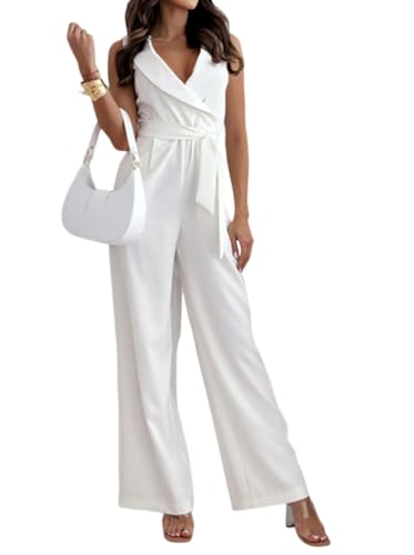 shownicer Femmes Combinaison Élégant Col V Manches Courtes Cocktail Soirée Cérémonie Jumpsuit Playsuit Romper Pantalon avec Poches B Blanc XS