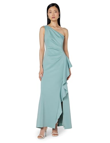 Image of Xscape Women's Floor Length One Shoulder Ruched Waist with Ruffle Bodice Evening Dress with Side Slit