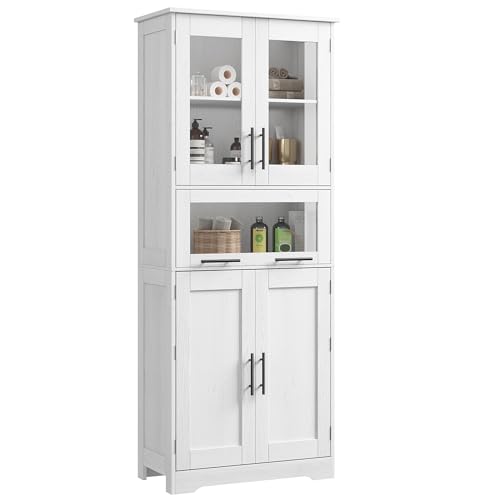 Niwugady Badezimmerschrank 67 x 30 x 170 cm, Badschrank mit 4 Türen und 1 Schublade, Badezimmer Hochschrank mit Verstellbaren Regalen für Badezimmer, Wohnzimmer, Flur, Küche, Weiß