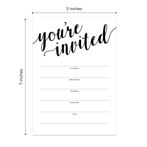 Canopy Street Black And White All Occasion Script Invitations / 25 Fill In General Use Invites / 5" X 7" Flat Modern Shower Party Or Event Invitation/Made In The Usa #TOP4