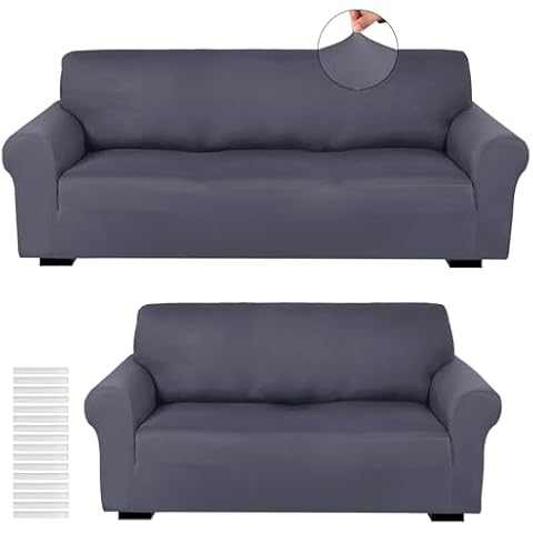 Peryiter 2 Pcs Slipcover Set for Couch Spandex Furniture Covers for Sofa Loveseat Couch Arm Chair, Form Fit Stretch, Wrinkle Proof, Furniture Protector(Dark Gray,Milk Silk) Cover