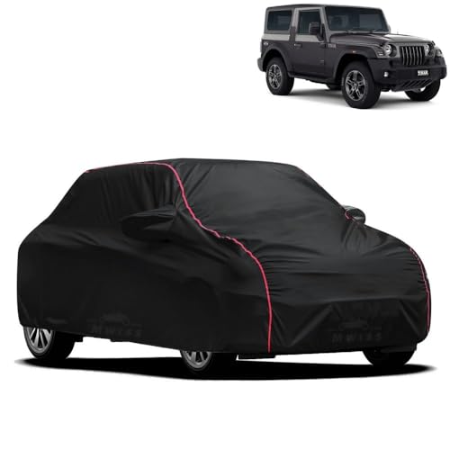 Image of Waterproof Car Cover for Mahindra Thar | All-Weather Protection, Dustproof & UV Resistant | Triple Stitched Mirror Pockets, Windproof Buckle Strap with Elastic Hem, Black-Red Piping