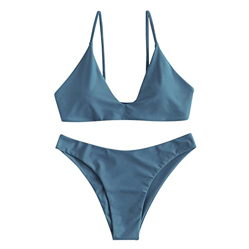 Image of ZAFUL Women's Tie Back Padded High Cut Bralette Bikini Set Two Piece Swimsuit